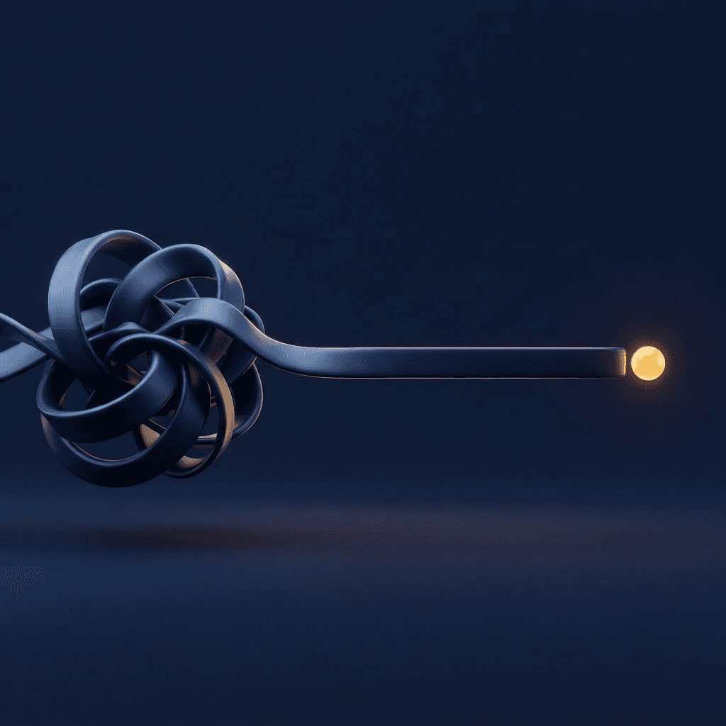 Un ruban emmêlé qui se déroule en une ligne droite terminée par une sphère lumineuse : de la friction à la simplicité